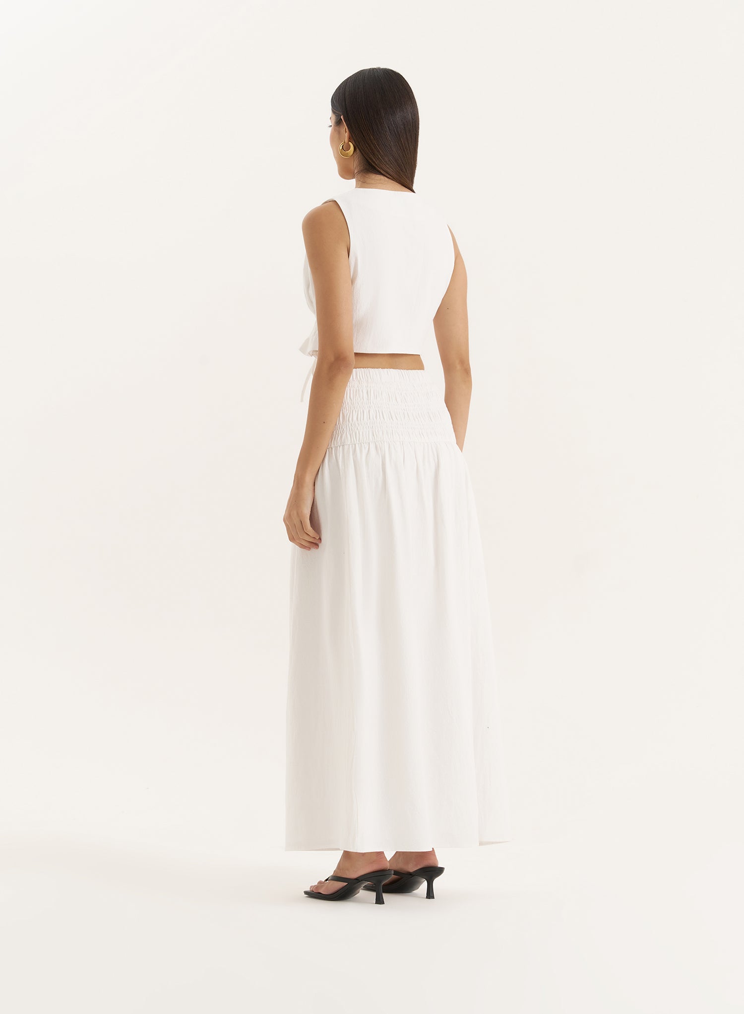 White Drop Waist Shirred Maxi Skirt